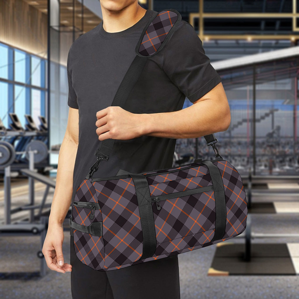 Grey And Orange Plaid Pattern Print Gym Bag