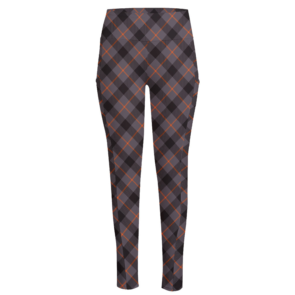 Grey And Orange Plaid Pattern Print High-Waisted Pocket Leggings