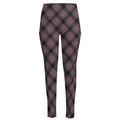 Grey And Orange Plaid Pattern Print High-Waisted Pocket Leggings