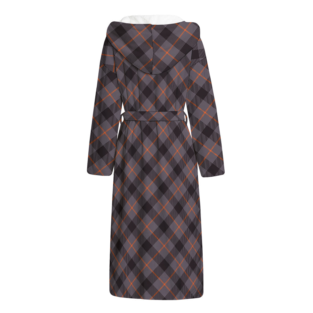 Grey And Orange Plaid Pattern Print Hooded Bathrobe