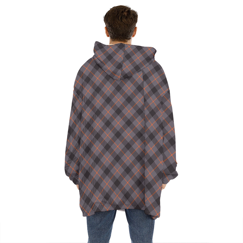 Grey And Orange Plaid Pattern Print Hoodie Blanket