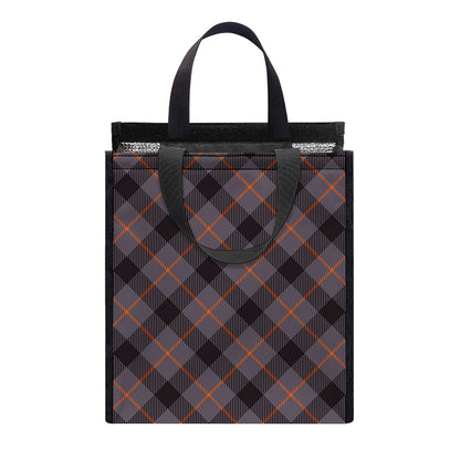 Grey And Orange Plaid Pattern Print Insulated Lunch Tote