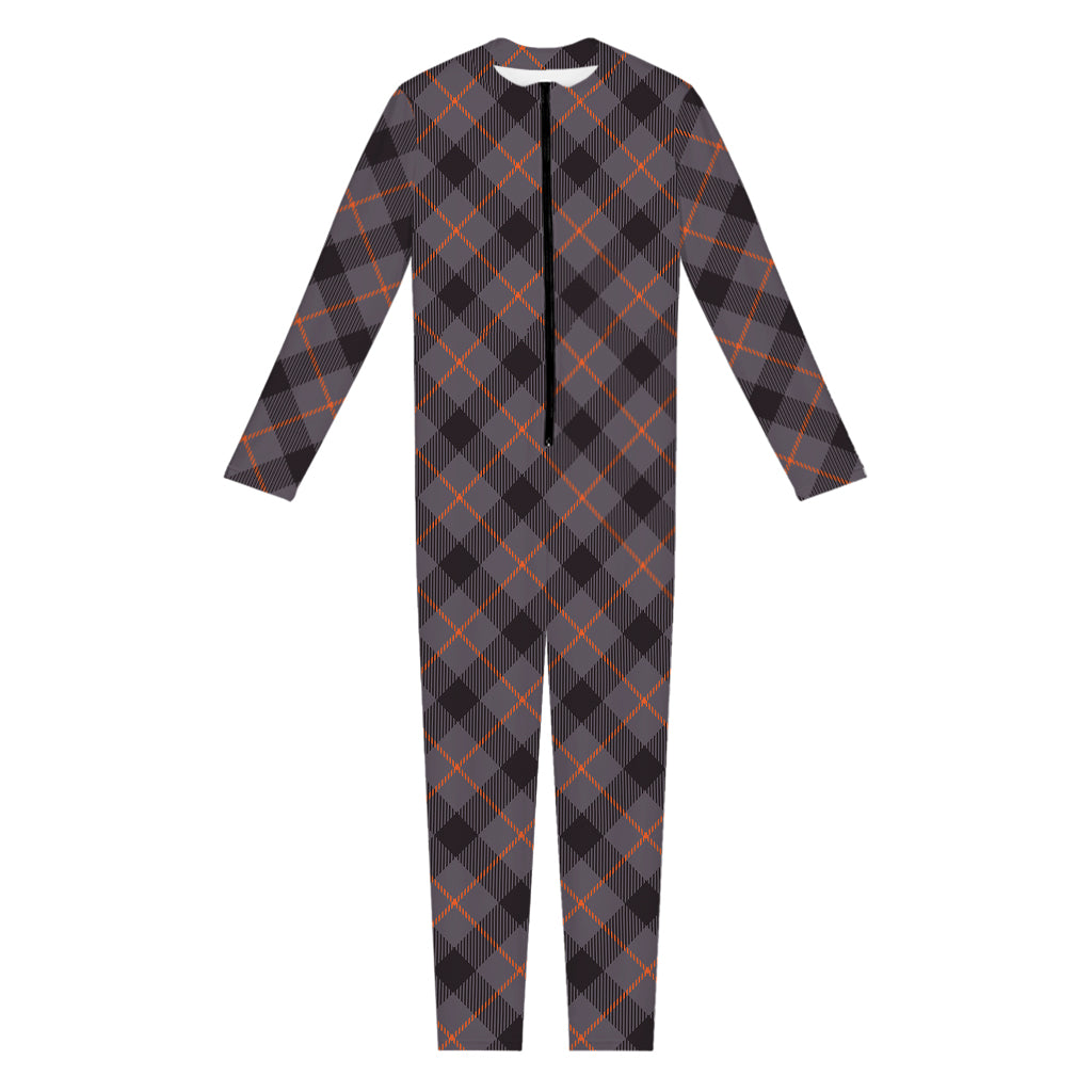 Grey And Orange Plaid Pattern Print Jumpsuit