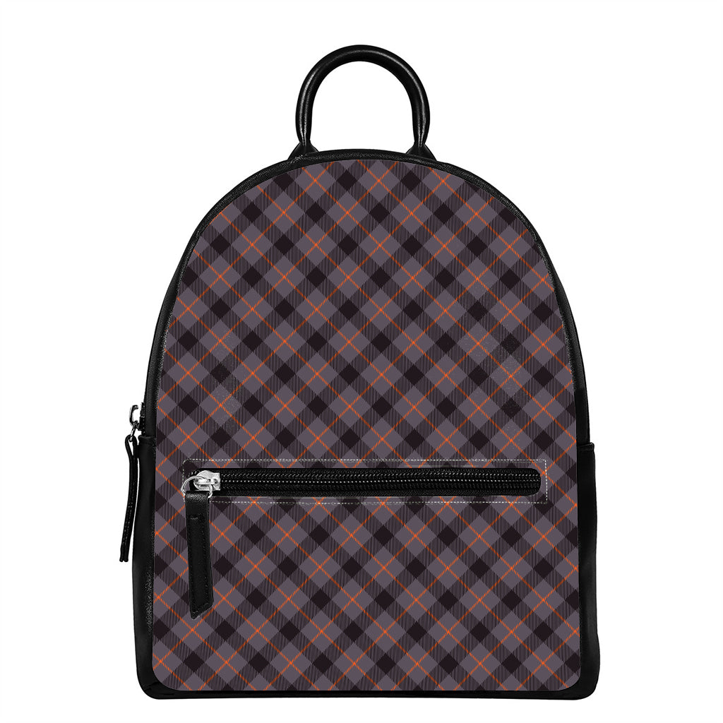 Grey And Orange Plaid Pattern Print Leather Backpack