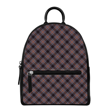 Grey And Orange Plaid Pattern Print Leather Backpack