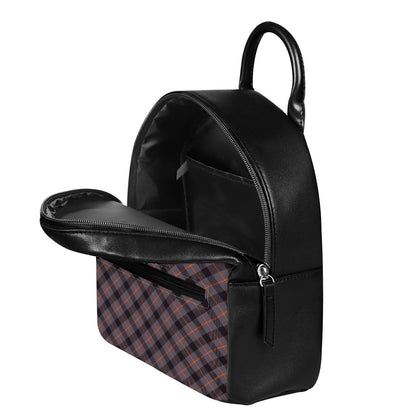 Grey And Orange Plaid Pattern Print Leather Backpack