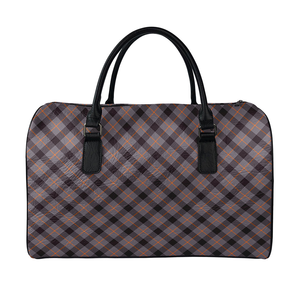 Grey And Orange Plaid Pattern Print Leather Duffle Bag