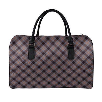 Grey And Orange Plaid Pattern Print Leather Duffle Bag
