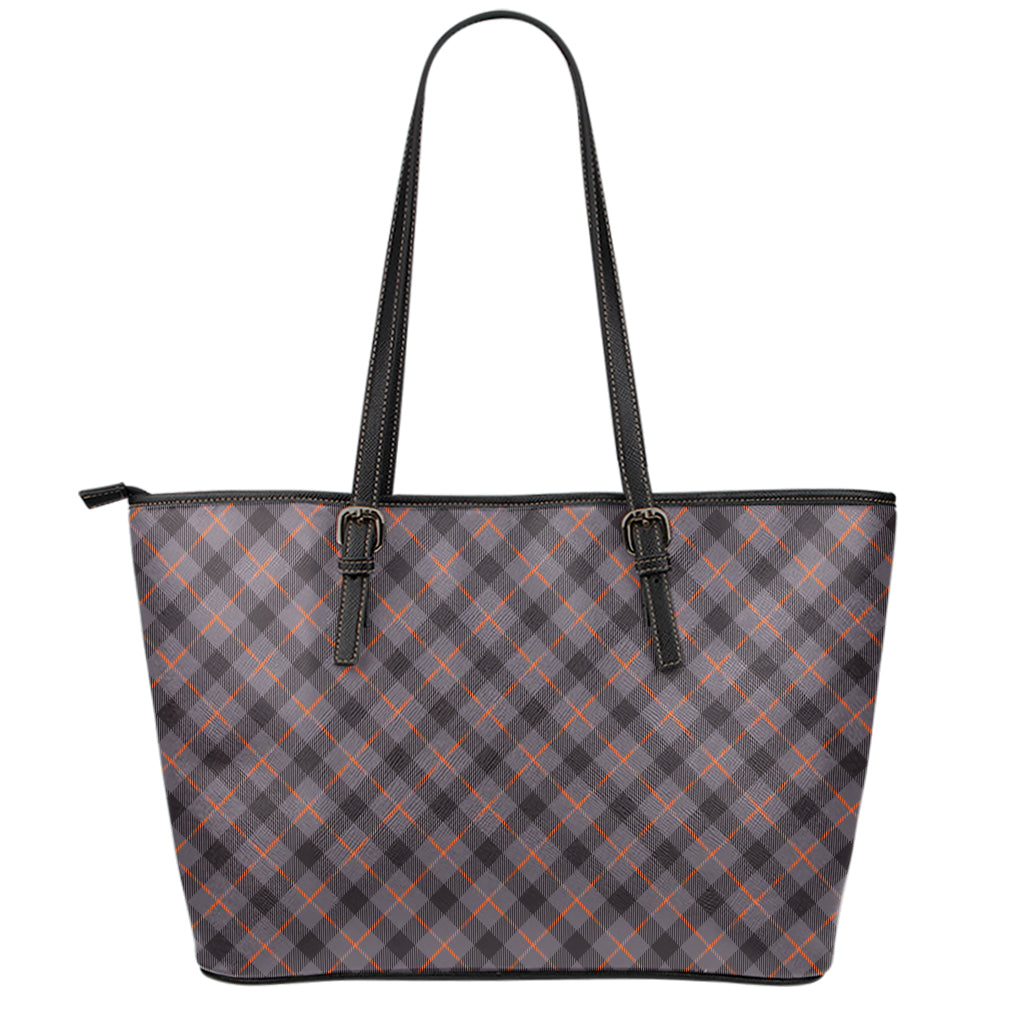 Grey And Orange Plaid Pattern Print Leather Tote Bag