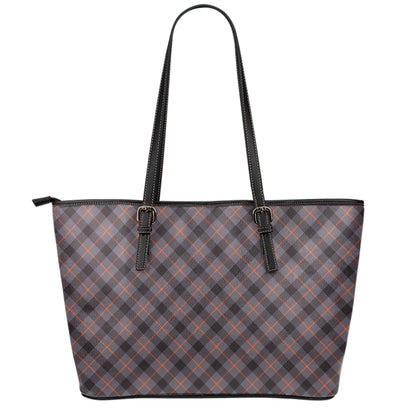 Grey And Orange Plaid Pattern Print Leather Tote Bag