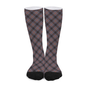 Grey And Orange Plaid Pattern Print Long Socks