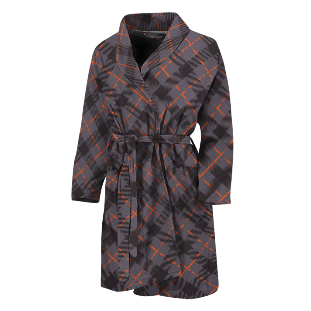 Grey And Orange Plaid Pattern Print Men's Bathrobe