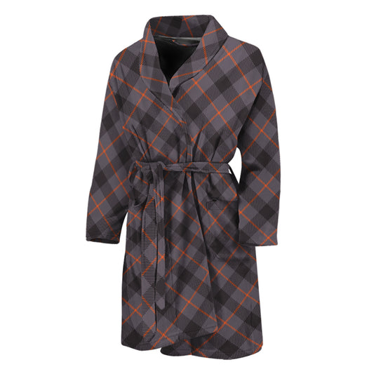 Grey And Orange Plaid Pattern Print Men's Bathrobe
