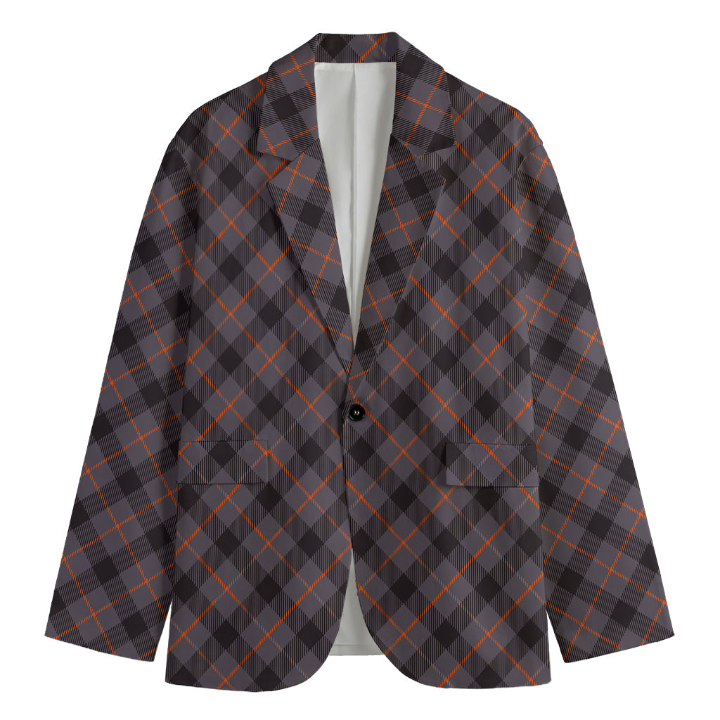 Grey And Orange Plaid Pattern Print Men's Blazer