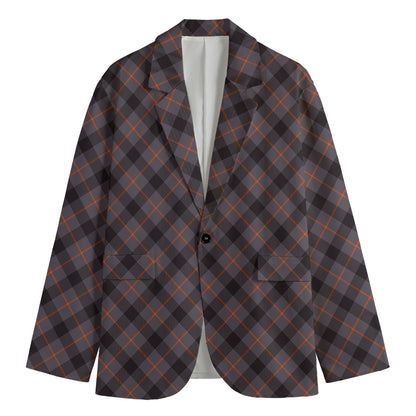 Grey And Orange Plaid Pattern Print Men's Blazer