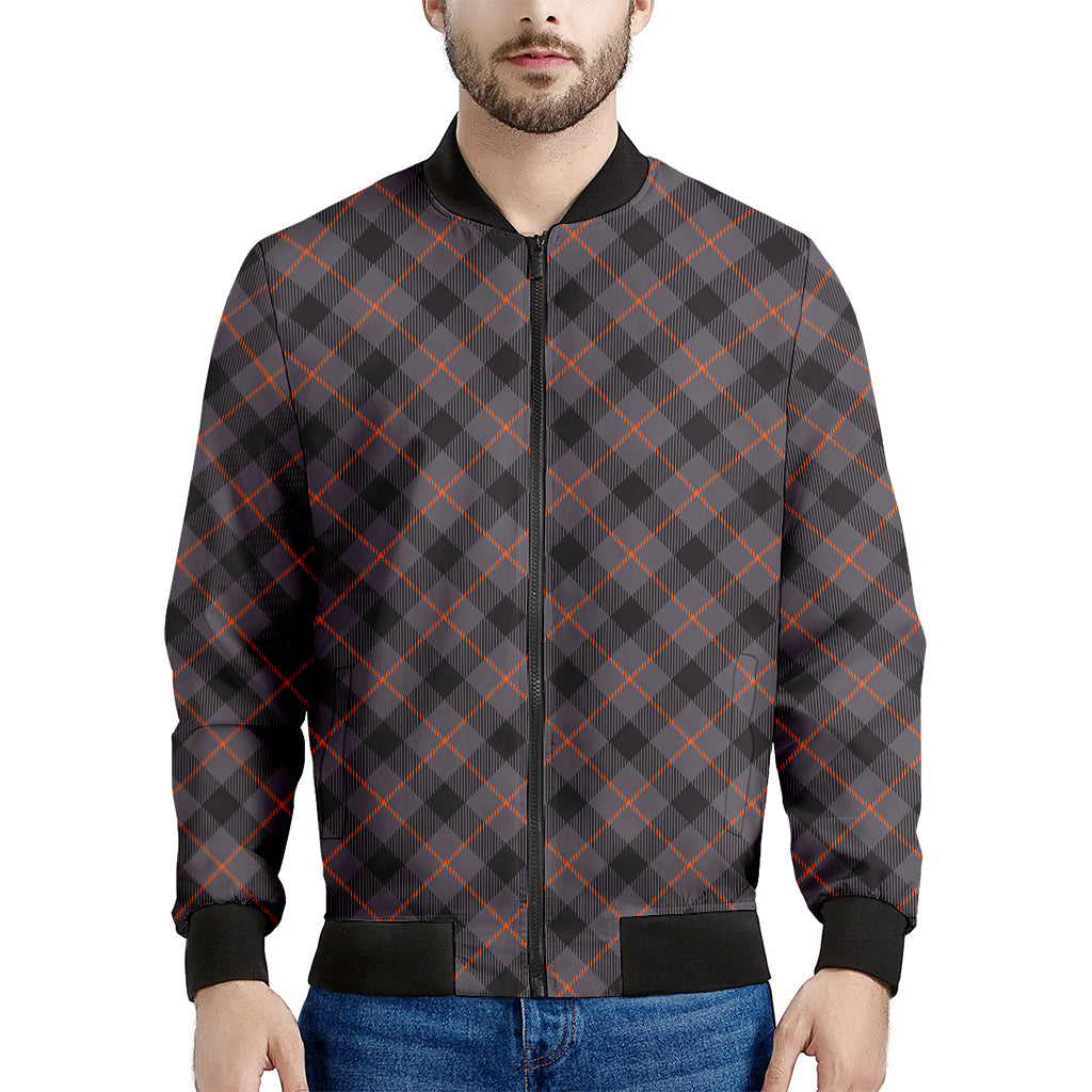 Grey And Orange Plaid Pattern Print Men's Bomber Jacket
