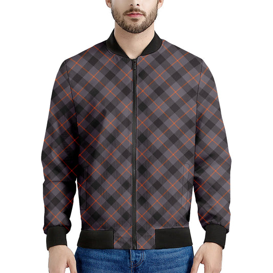Grey And Orange Plaid Pattern Print Men's Bomber Jacket
