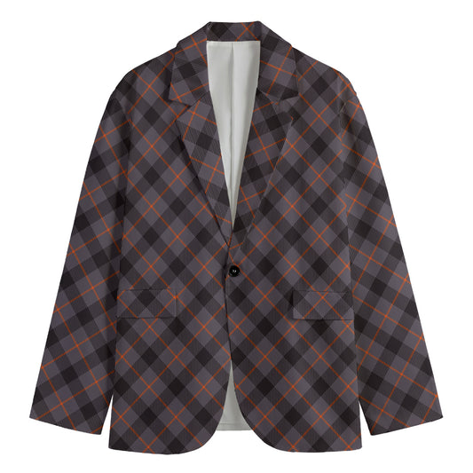Grey And Orange Plaid Pattern Print Men's Cotton Blazer