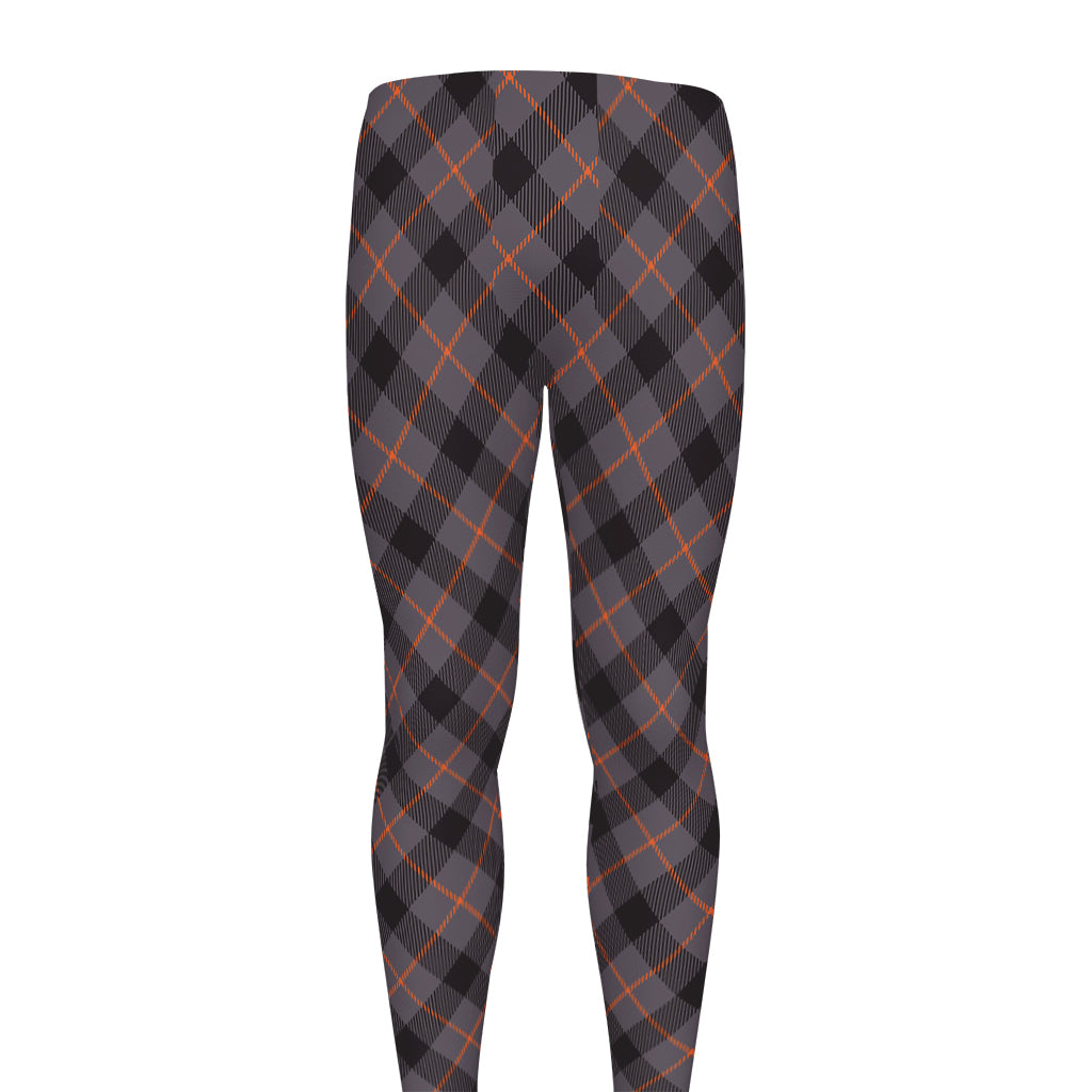 Grey And Orange Plaid Pattern Print Men's leggings