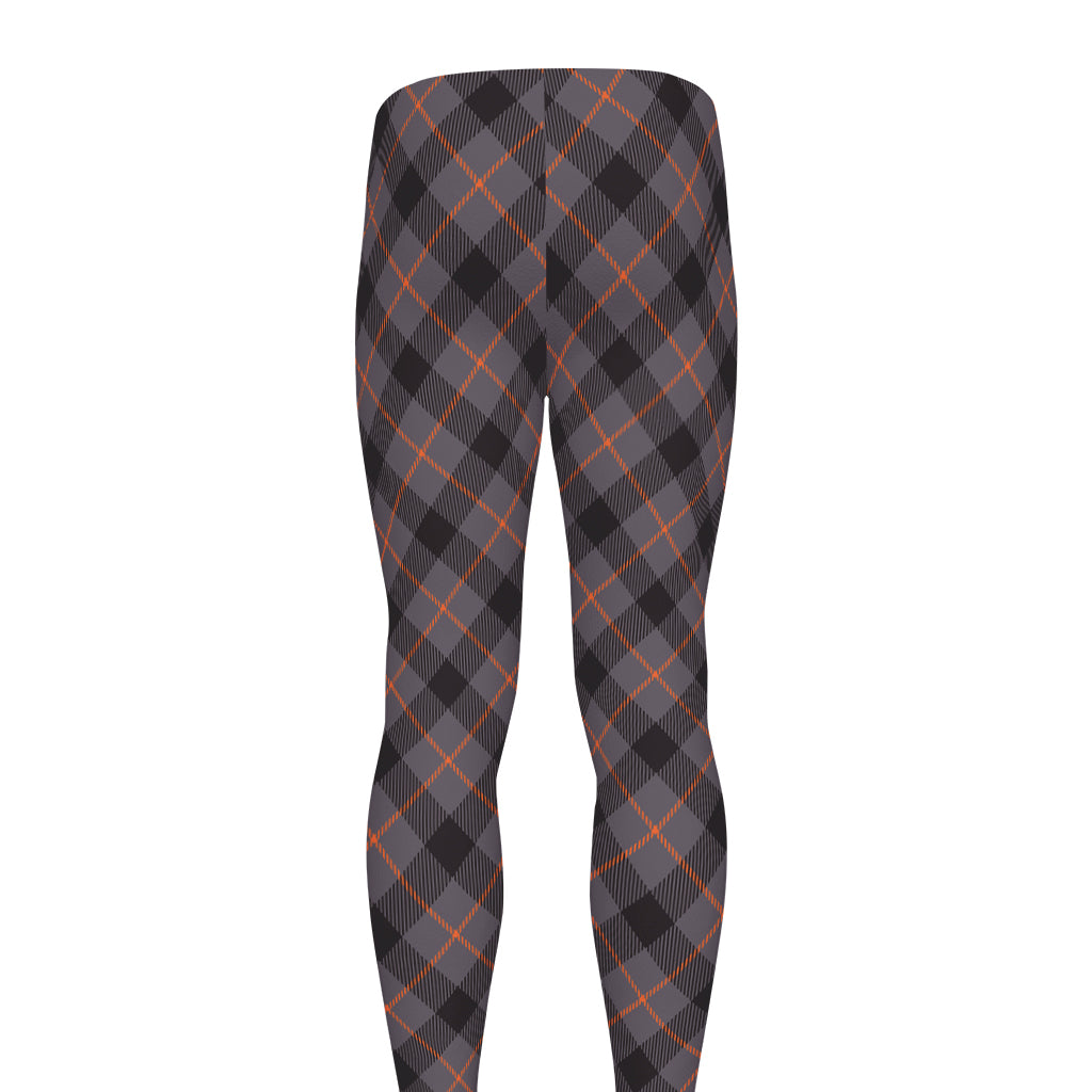 Grey And Orange Plaid Pattern Print Men's leggings