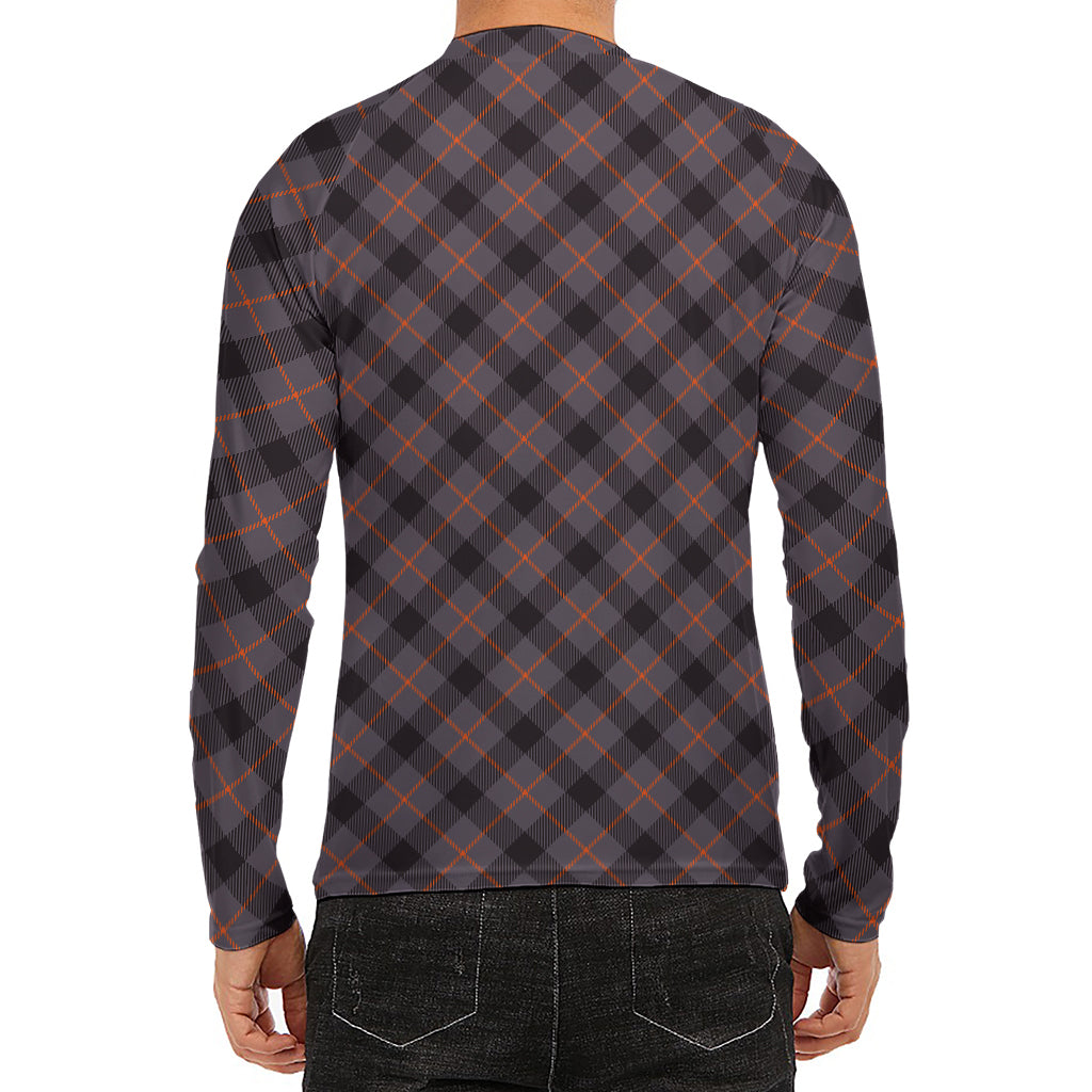 Grey And Orange Plaid Pattern Print Men's Long Sleeve Rash Guard