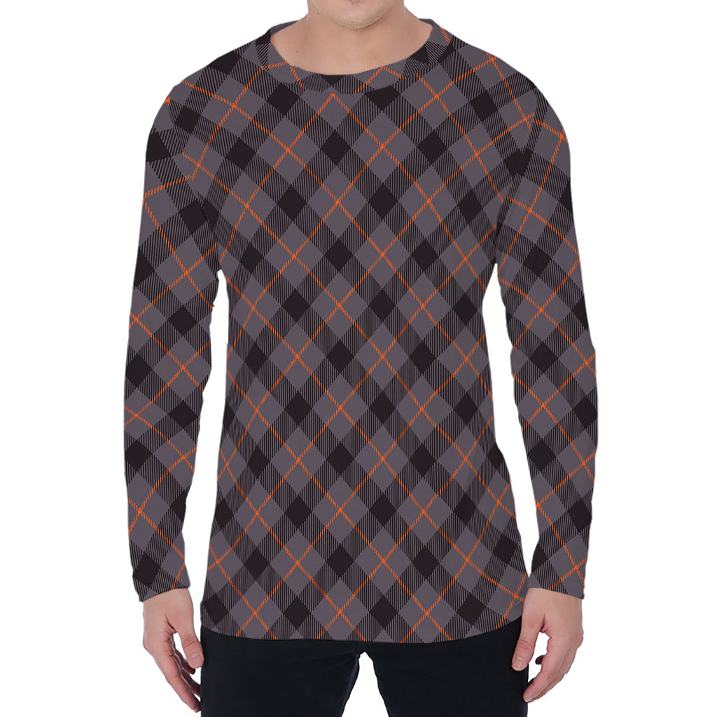 Grey And Orange Plaid Pattern Print Men's Long Sleeve T-Shirt