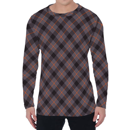 Grey And Orange Plaid Pattern Print Men's Long Sleeve T-Shirt