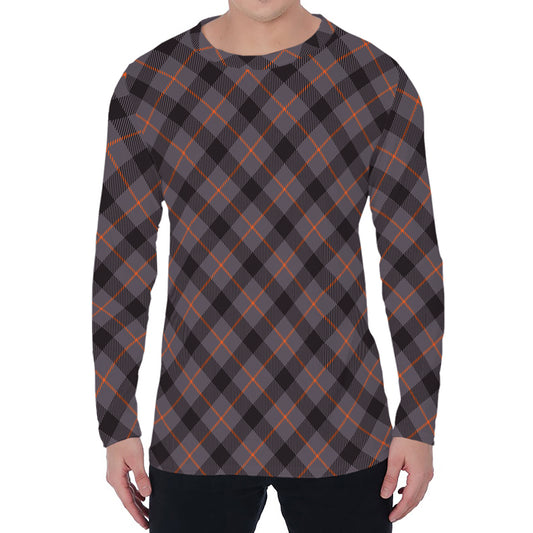 Grey And Orange Plaid Pattern Print Men's Long Sleeve T-Shirt