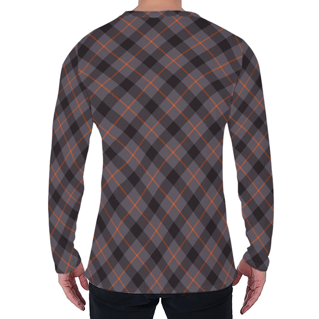 Grey And Orange Plaid Pattern Print Men's Long Sleeve T-Shirt
