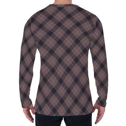 Grey And Orange Plaid Pattern Print Men's Long Sleeve T-Shirt