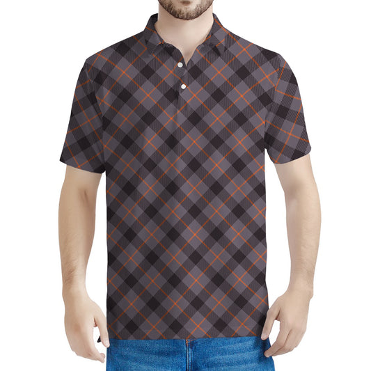 Grey And Orange Plaid Pattern Print Men's Polo Shirt