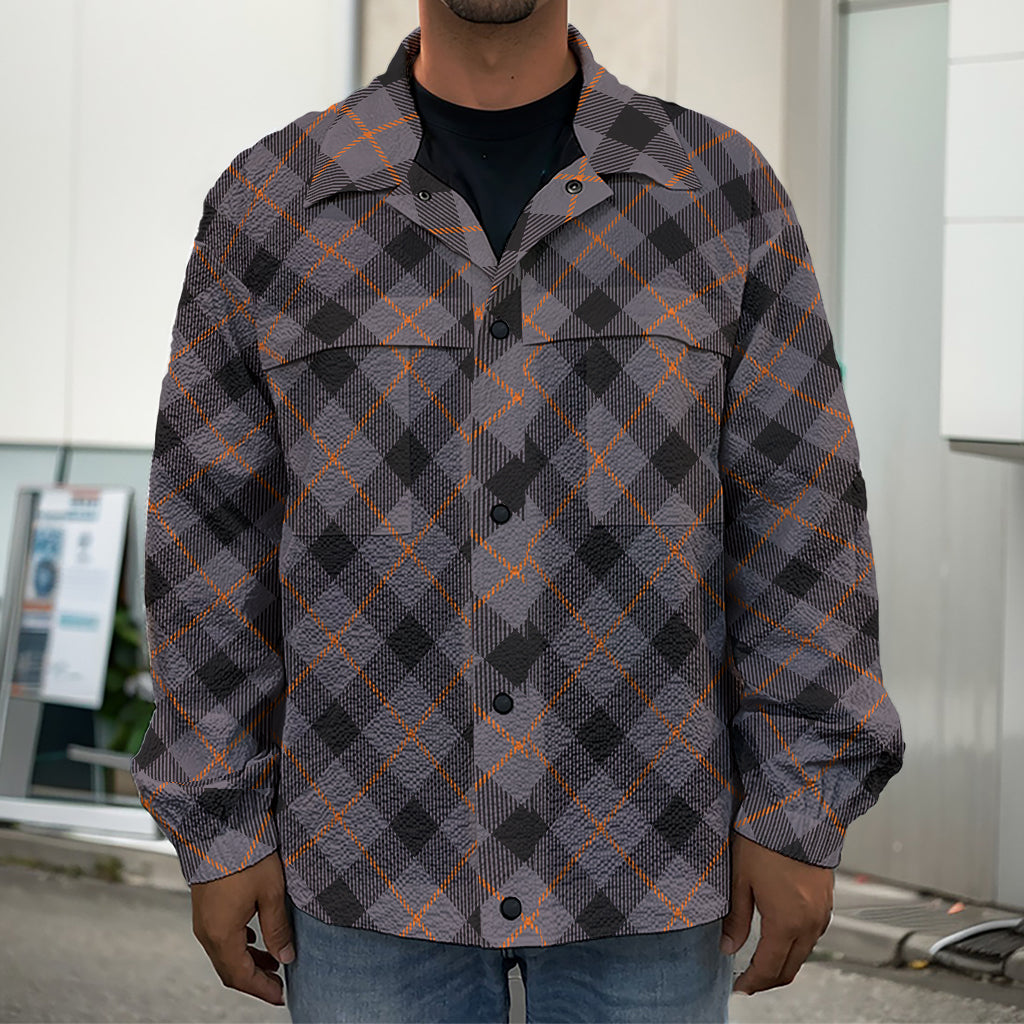 Grey And Orange Plaid Pattern Print Men's Shirt Jacket