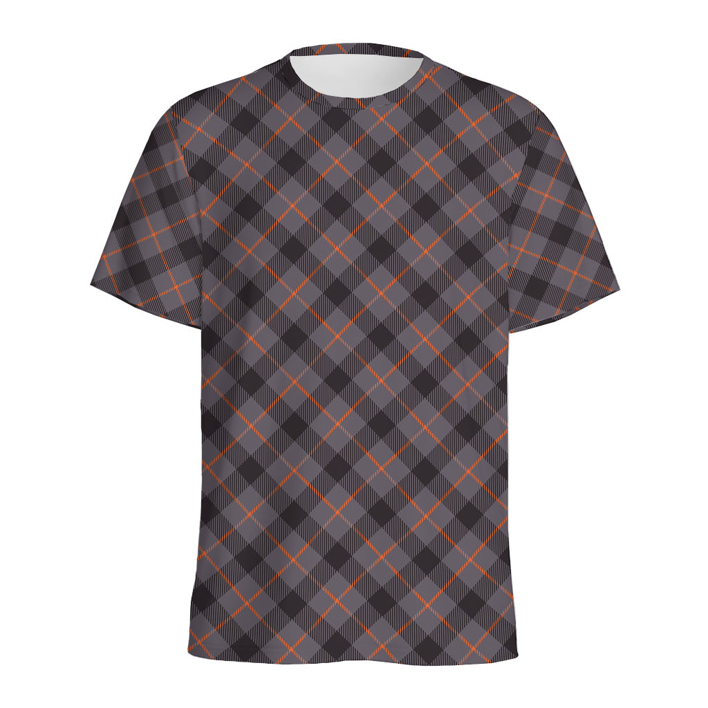 Grey And Orange Plaid Pattern Print Men's Sports T-Shirt