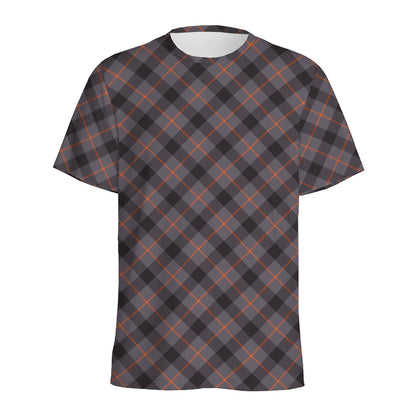 Grey And Orange Plaid Pattern Print Men's Sports T-Shirt