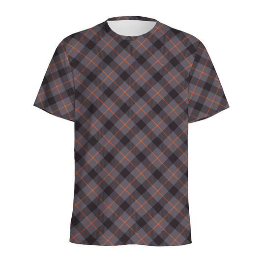 Grey And Orange Plaid Pattern Print Men's Sports T-Shirt
