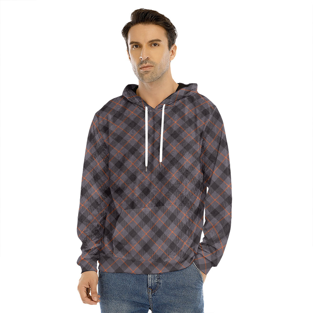 Grey And Orange Plaid Pattern Print Men's Velvet Pullover Hoodie