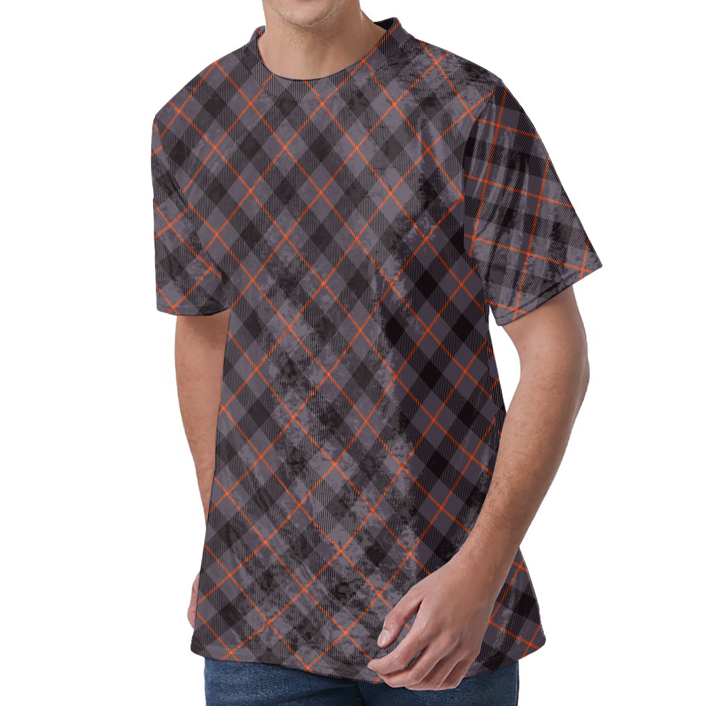 Grey And Orange Plaid Pattern Print Men's Velvet T-Shirt