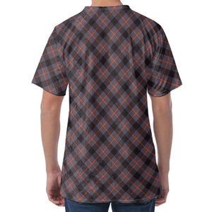 Grey And Orange Plaid Pattern Print Men's Velvet T-Shirt