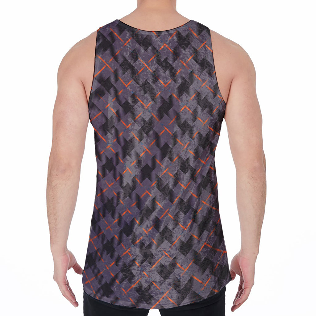 Grey And Orange Plaid Pattern Print Men's Velvet Tank Top