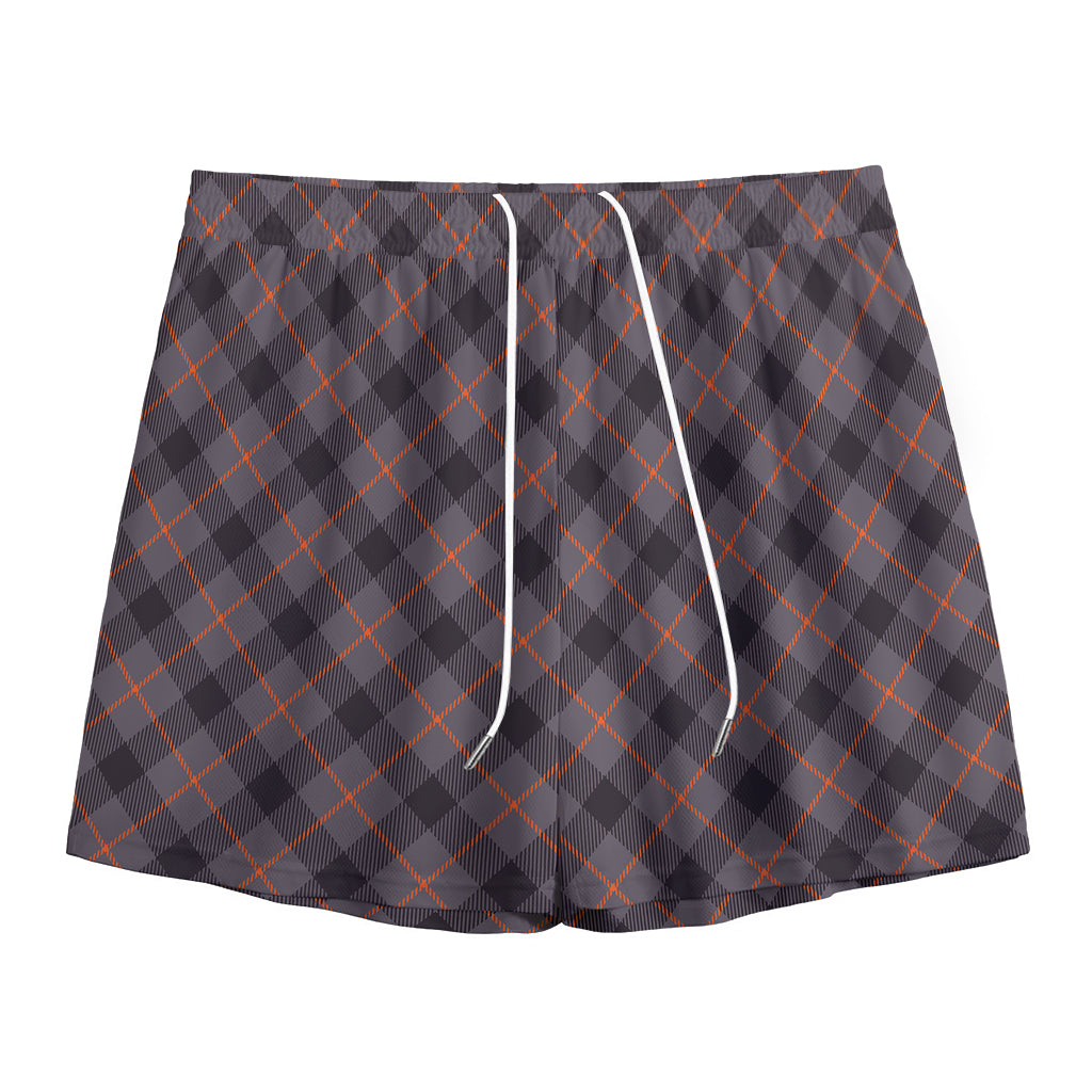 Grey And Orange Plaid Pattern Print Mesh Shorts
