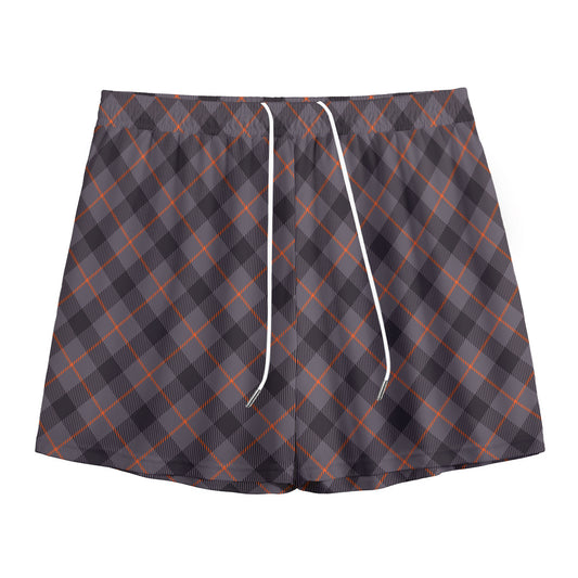 Grey And Orange Plaid Pattern Print Mesh Shorts
