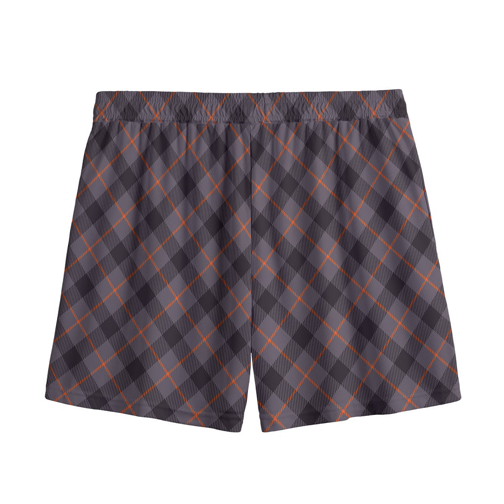 Grey And Orange Plaid Pattern Print Mesh Shorts