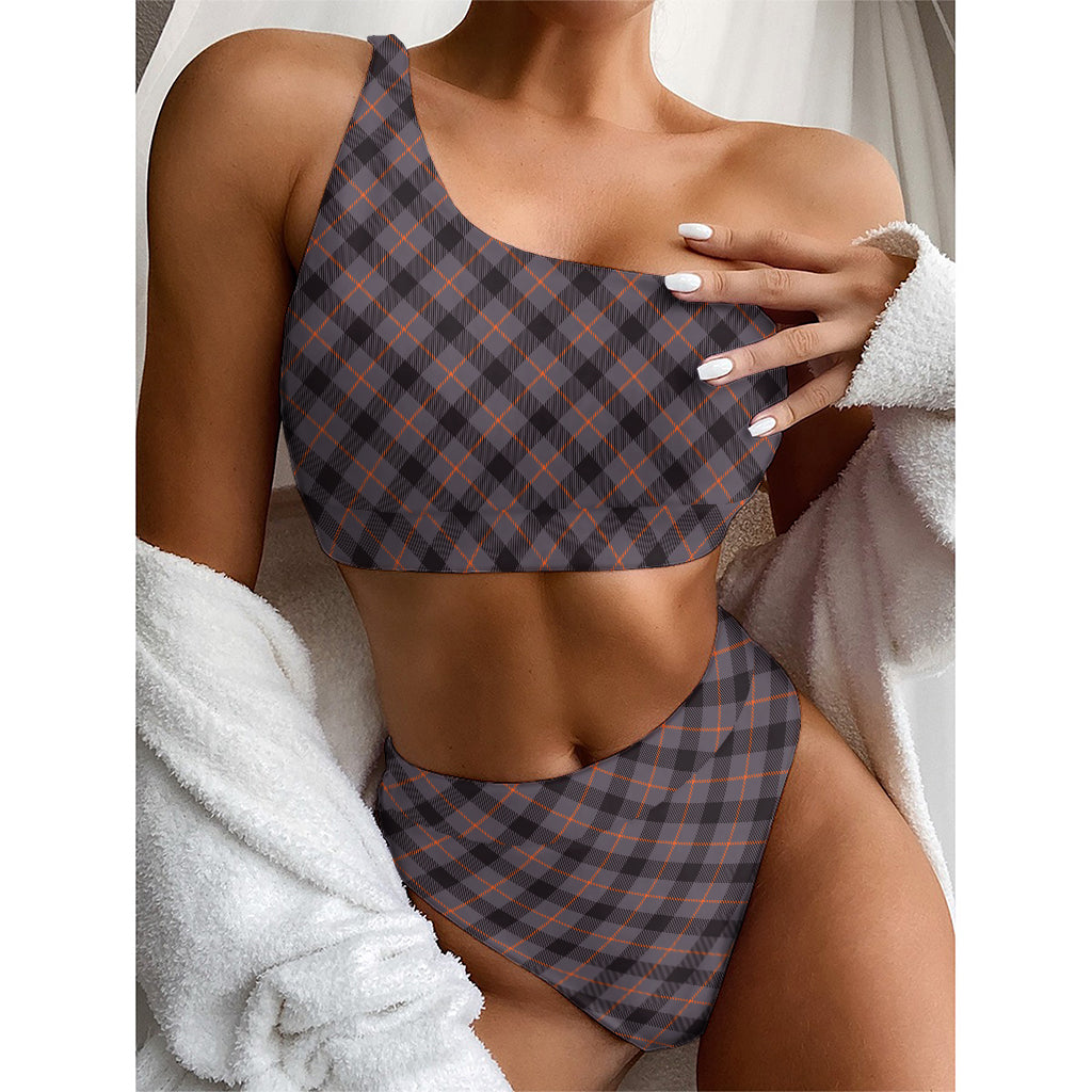 Grey And Orange Plaid Pattern Print One Shoulder Bikini Top