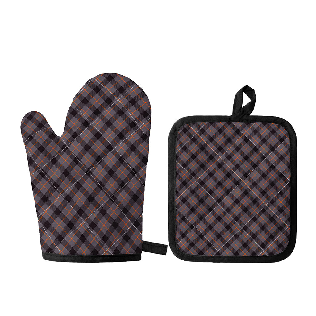 Grey And Orange Plaid Pattern Print Oven Mitt And Pot Holder Set
