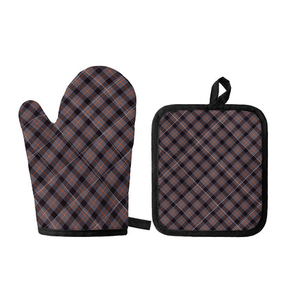 Grey And Orange Plaid Pattern Print Oven Mitt And Pot Holder Set