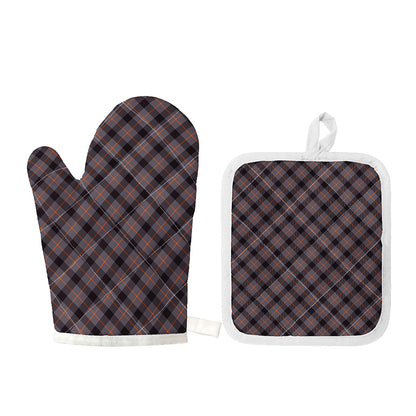 Grey And Orange Plaid Pattern Print Oven Mitt And Pot Holder Set