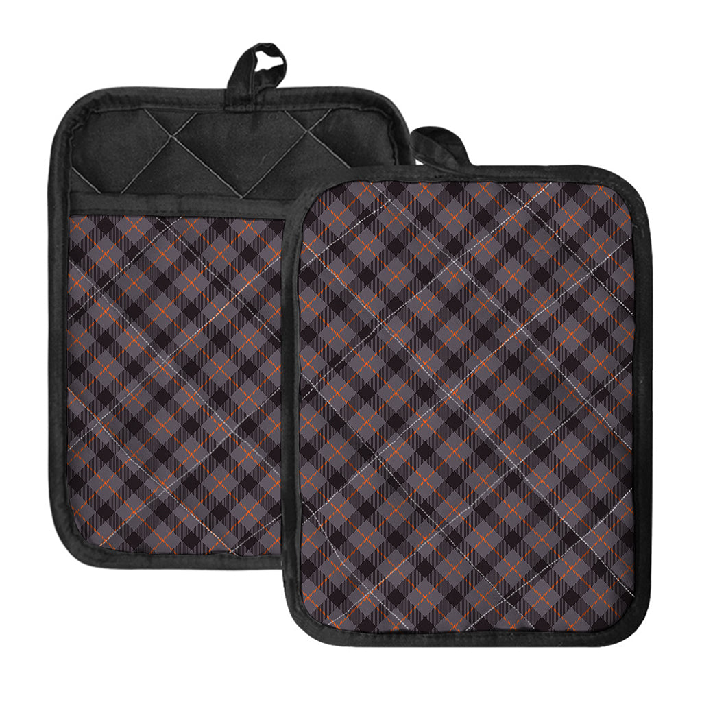 Grey And Orange Plaid Pattern Print Pot Holders With Pocket