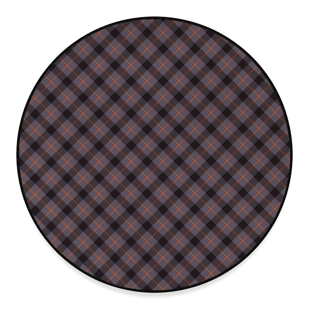 Grey And Orange Plaid Pattern Print Round Floor Mat