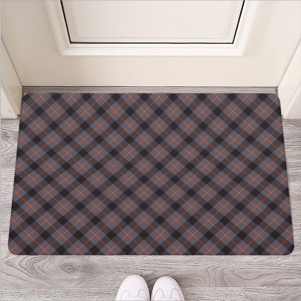 Grey And Orange Plaid Pattern Print Rubber Doormat