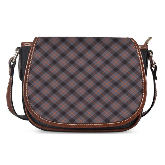 Grey And Orange Plaid Pattern Print Saddle Bag